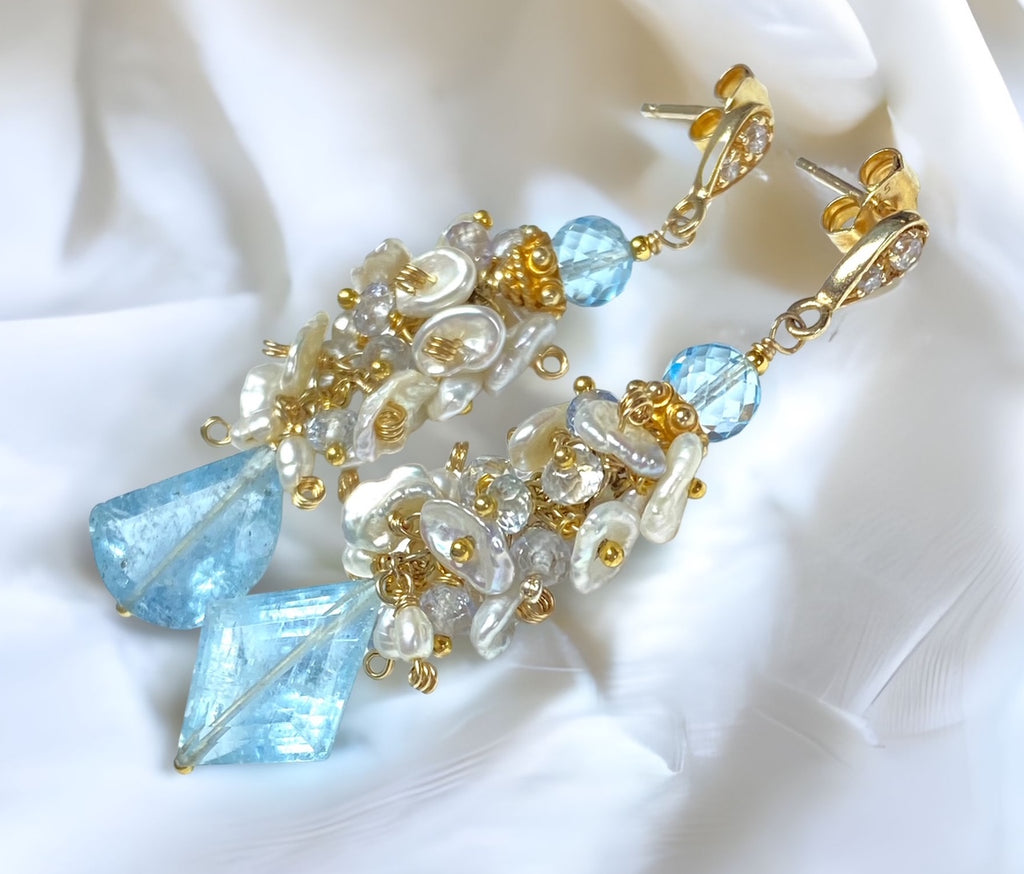 Blue Aquamarine Gemstone Keishi Pearl Cluster Earrings