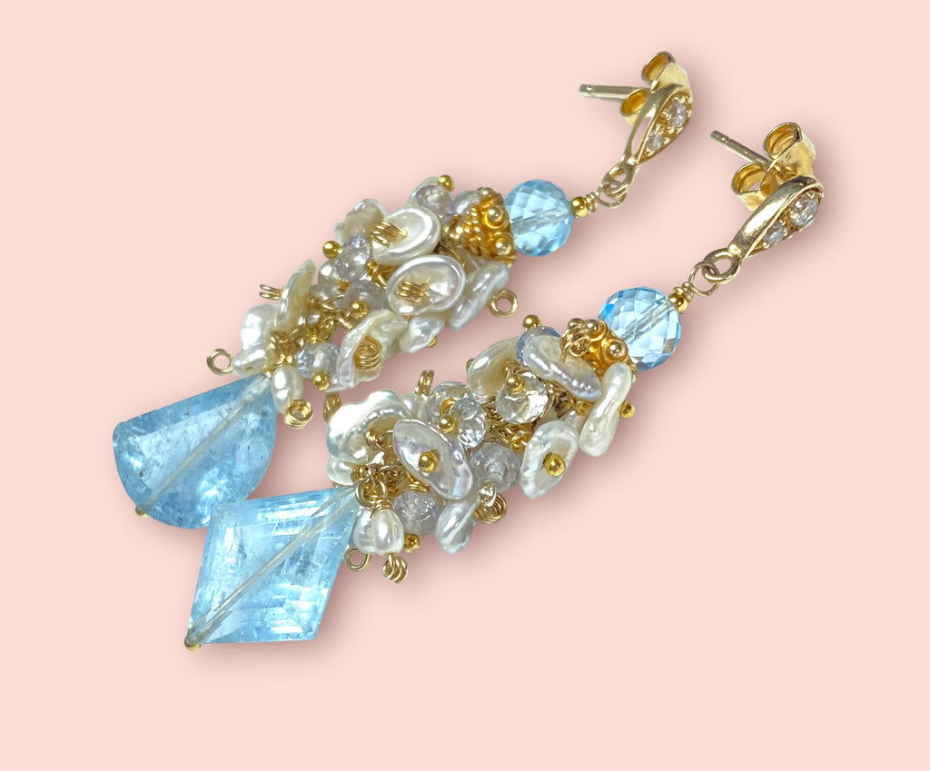 Blue Aquamarine Gemstone Keishi Pearl Cluster Earrings