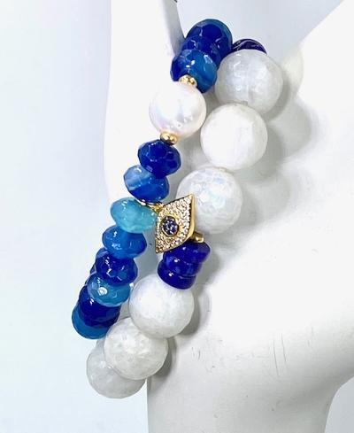 Blue and White Boho Stretch Bracelet Stacking Set of 2 Rainbow Moonstone Blue Lapis - doolittlejewelry
