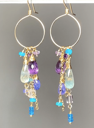 amethyst aquamarine tanzanite gold fill dangle hoop earrings