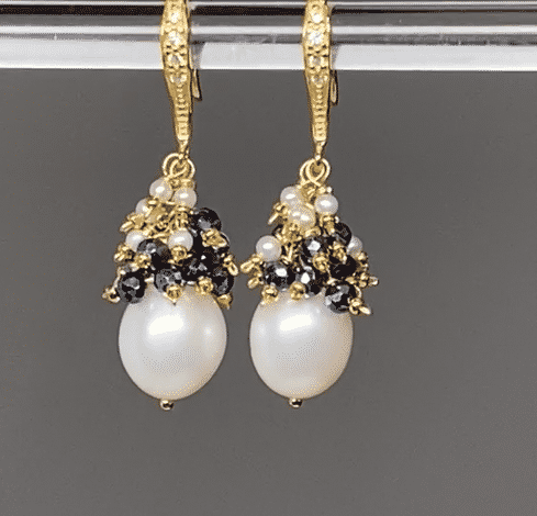 Black tie earrings, gift for Mom, black and white pearl earrings