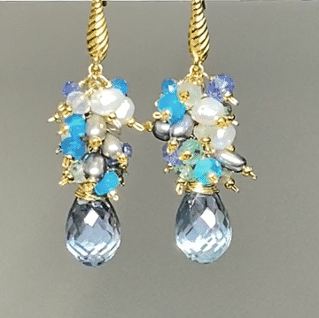 Blue Green Gemstone Pearl Cluster Earrings