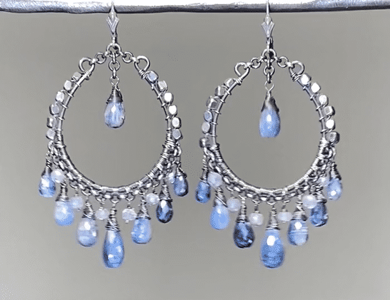 mystic blue kyanite oxidized sterling silver hoop chandelier earrings boho style