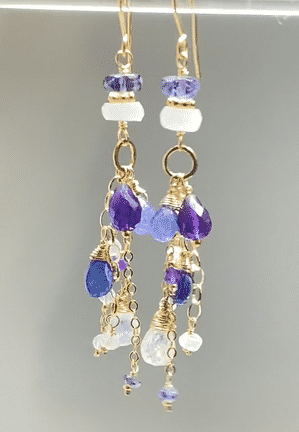 Blue Violet Gemstone Dangle Earrings - Amethyst,Kyanite, Moonstone