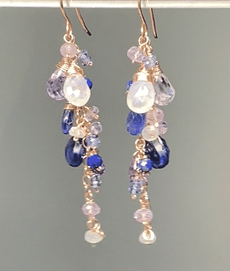 Blue Violet Rose Gold Dangle Earrings - Moonstone, Kyanite, Amethyst, Violet Quartz