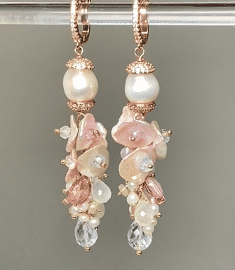 Blush Keishi Pearl Pink Topaz Ivory Pearl Rose Gold Long Dangle Bridal Earrings