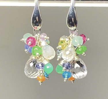 Crystal Quartz Dangle Earrings with Multi Gemstone Cluster Sterling Silver