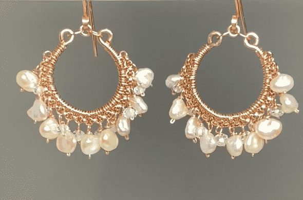 Rose Gold Keishi Pearl and Crystal Hoop Earrings