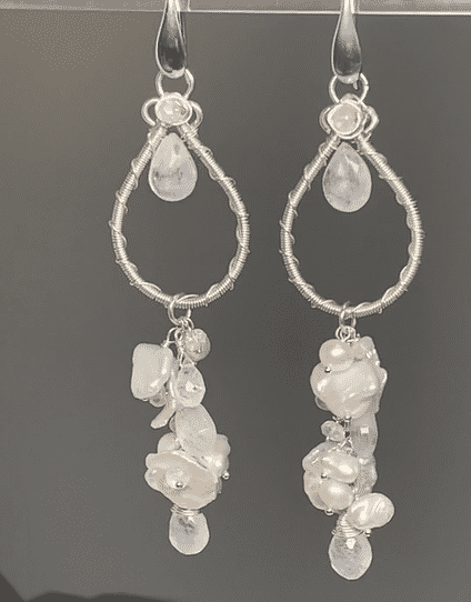 Moonstone Pearl Bridal Earrings Keishi Pearl Crystal Sterling Silver