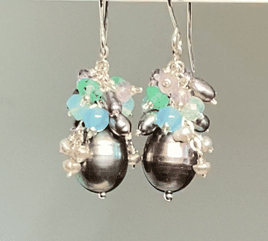 Peacock Pearl, Amethyst, Blue Aqua Chalcedony, Cluster Waterfall Earrings