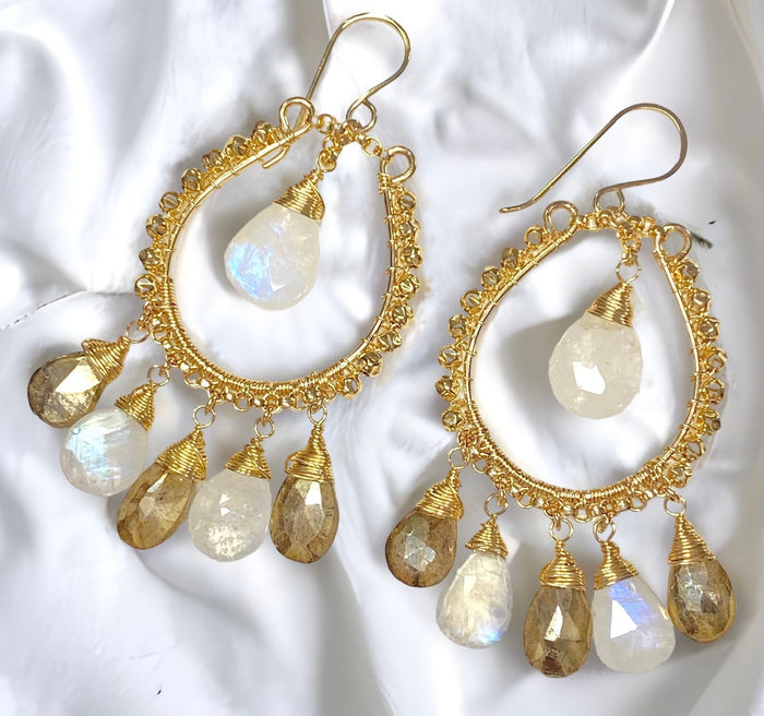 gold labradorite and rainbow moonstone gold filled hoop earrings