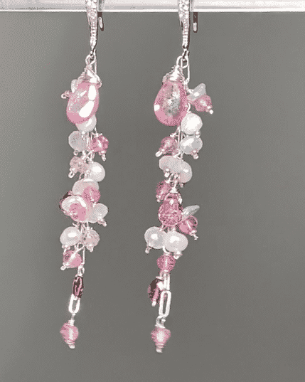 long pink topaz and pearl duster earrings in sterling silver