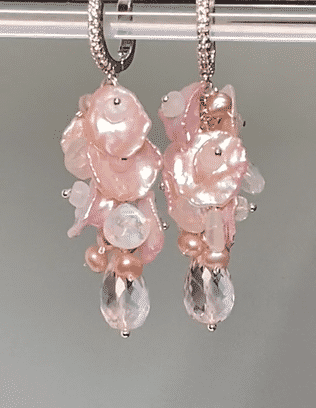 Pink Rose Quartz, Moonstone, Keishi Pearl Cluster Earrings, Silver