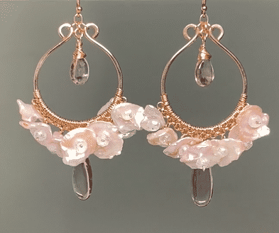 Rose Gold Hoop Earrings with Blush Keishi Pearls and Pink Topaz