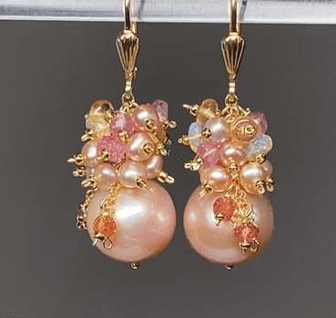 round pink pearl earrings with opals, citrine, sapphires and more in gemstone clusters, statement pearl earrings