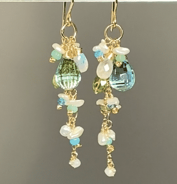 Aqua Gemstone Pearl Dangle Earrings Gold Fill