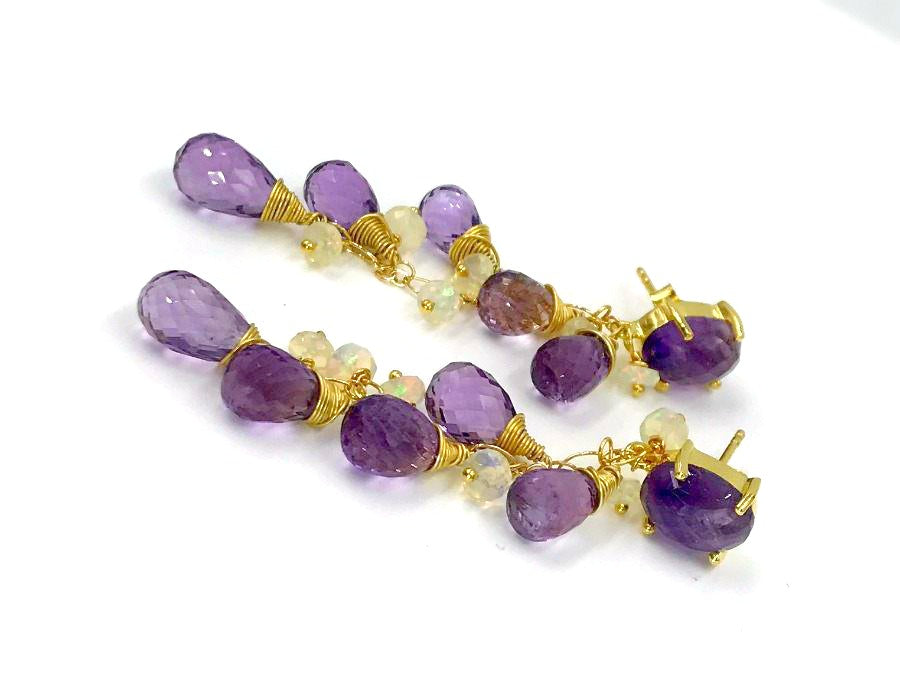 Amethyst, Opal and Gold Dangle Post Earrings - doolittlejewelry