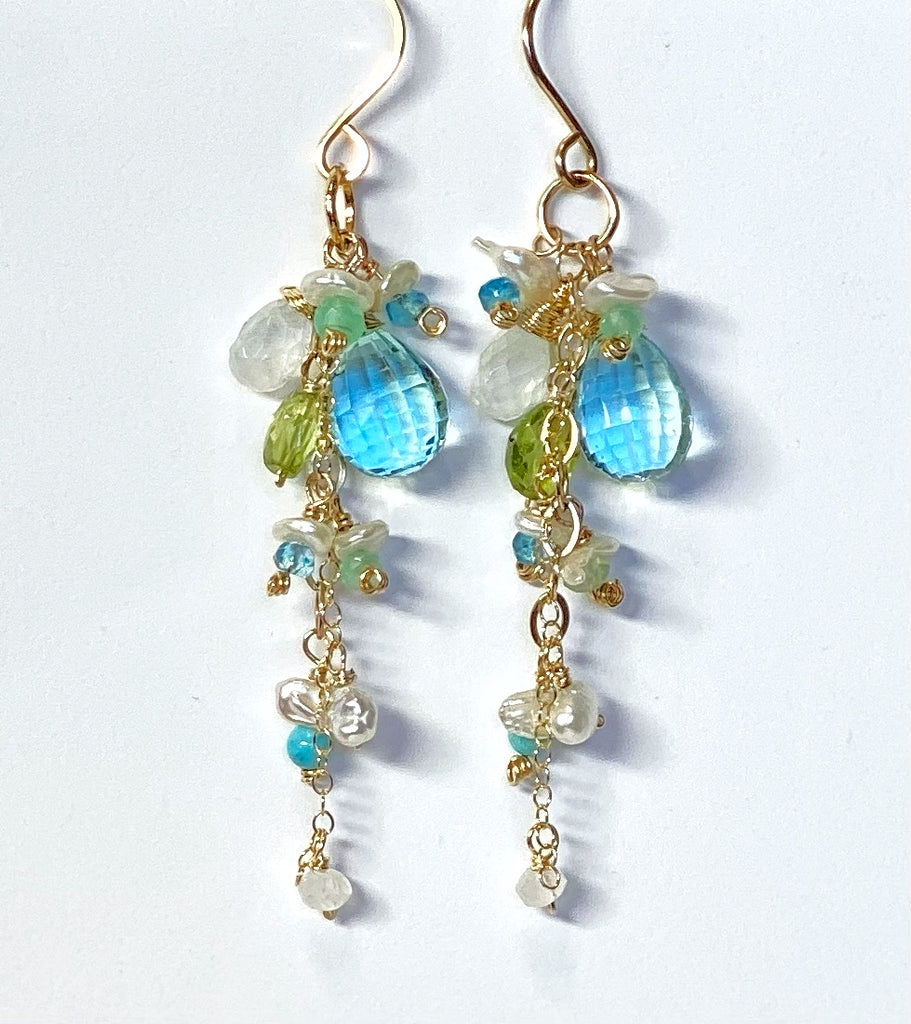 Aqua Gemstone Pearl Dangle Earrings Gold Fill