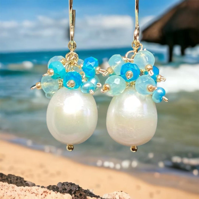 Aqua Gemstone Pearl Cluster Earrings with Opals