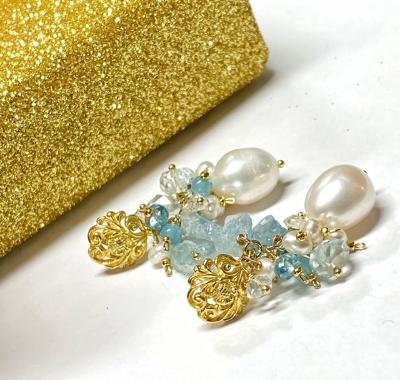 Aquamarine Gemstone Pearl Cluster Earrings Gold Post