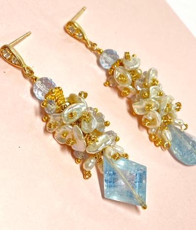 Blue Aquamarine Gemstone Keishi Pearl Cluster Earrings