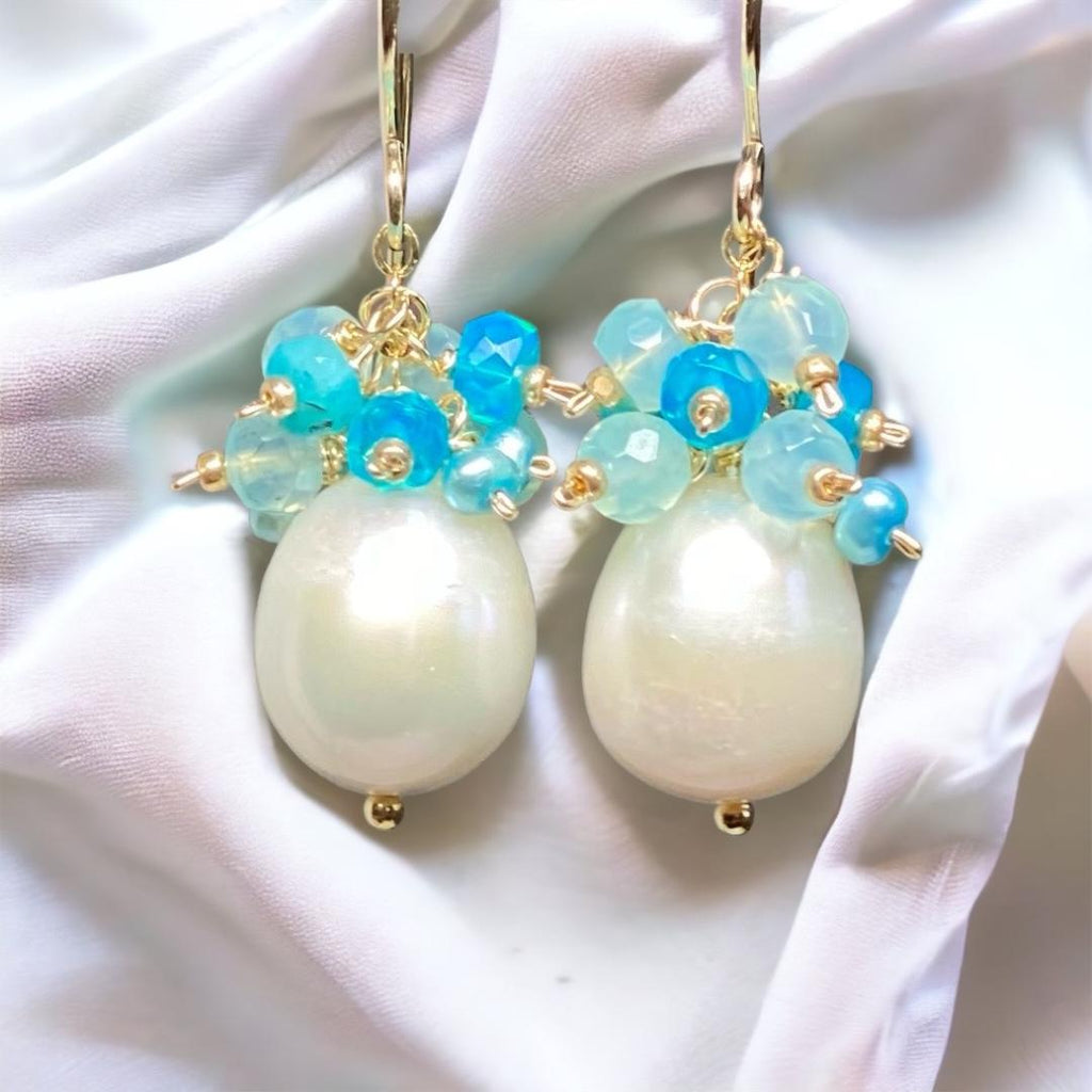 Aqua Gemstone Pearl Cluster Earrings with Opals