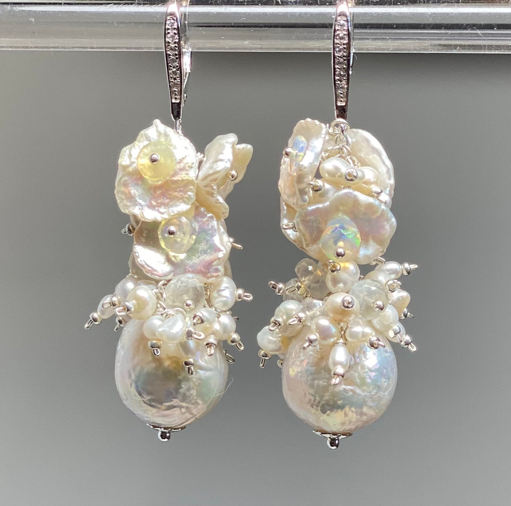 Baroque Pearl Cluster Bridal Earrings White Keishi and Opal Cascade