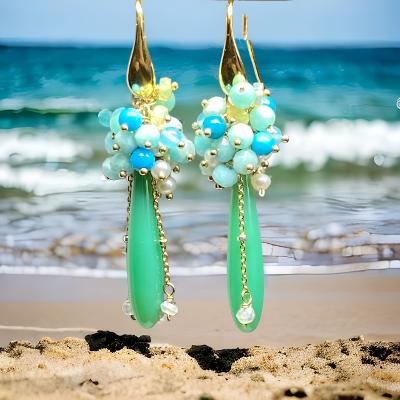 Green, Turquoise, Opal, Amazonite, Pearl Cluster Earrings Gold