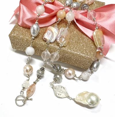 Long Silver Gemstone Pearl Necklace Blush Pink & Grey Toggle Clasp