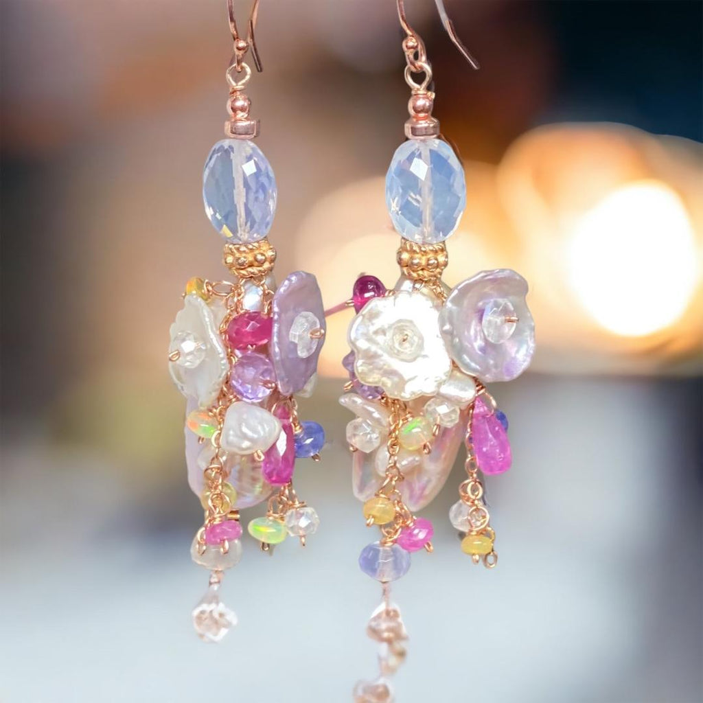 Blush Biwa Pearl Rose Gold Earrings with Scorolite & Lavender Keishi Gemstones