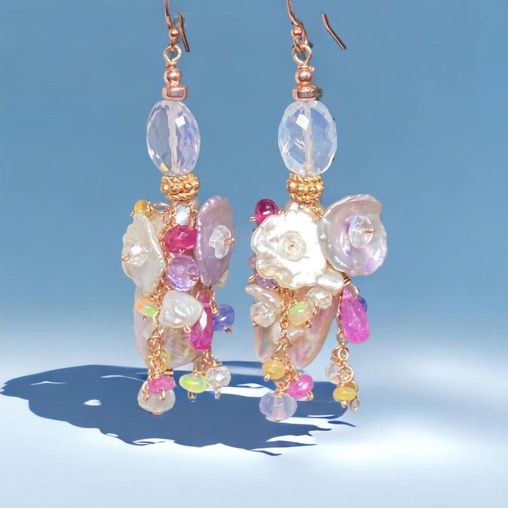 Blush Biwa Pearl Rose Gold Earrings with Scorolite & Lavender Keishi Gemstones