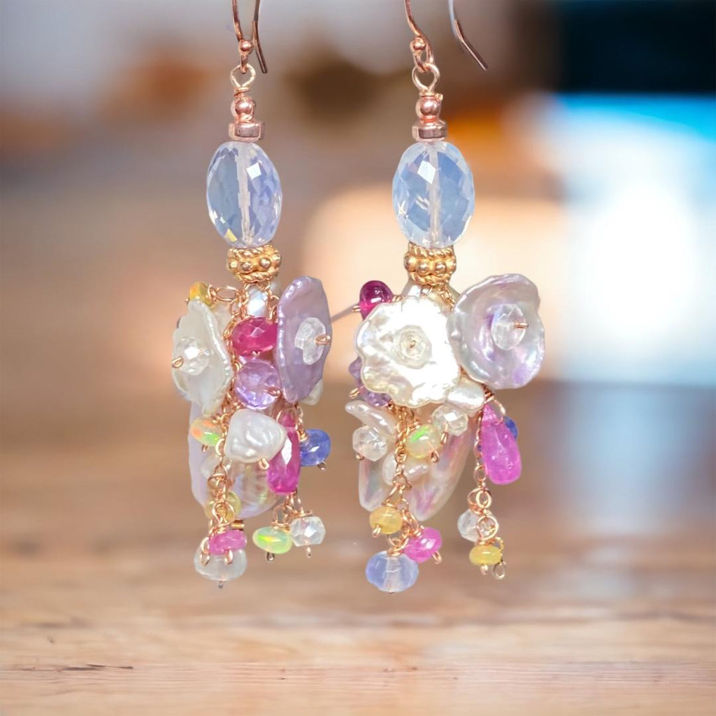 Blush Biwa Pearl Rose Gold Earrings with Scorolite & Lavender Keishi Spring Gemstones