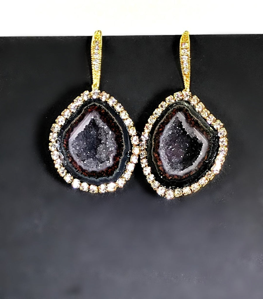 Black Tabasco Geode Earrings with Diamond Look Swarovski Crystals - doolittlejewelry