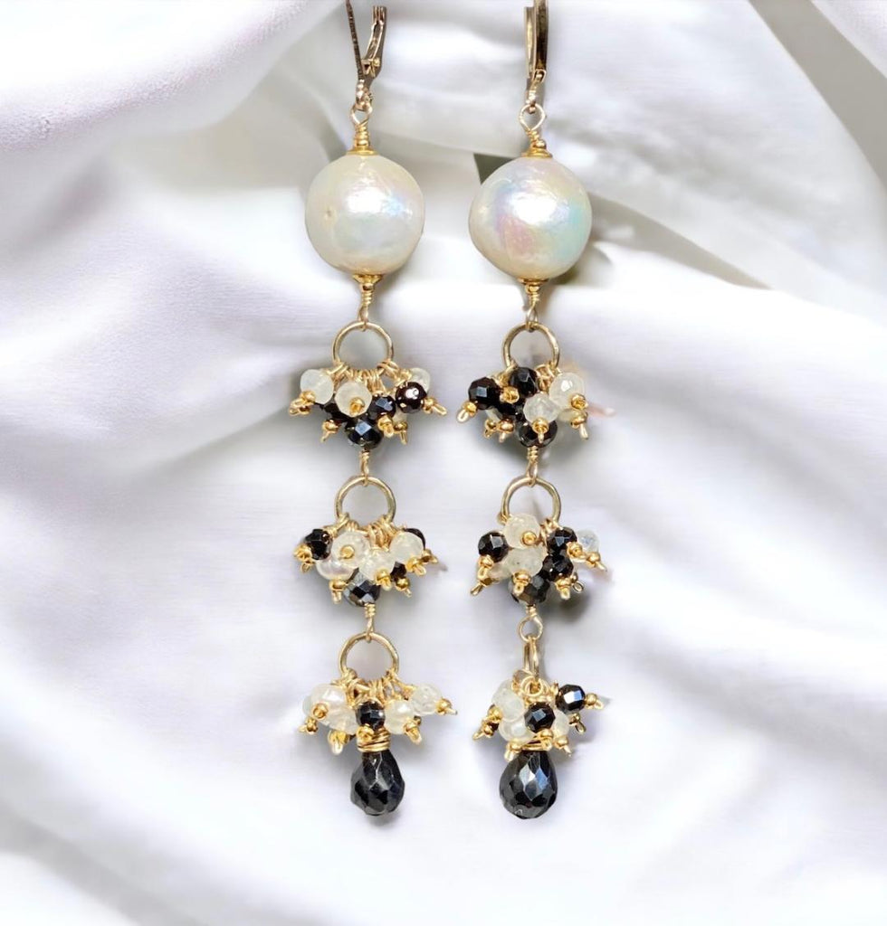 Edison Pearl Long Dangle Earrings with Black Spinel, White Pearl, Moonstone
