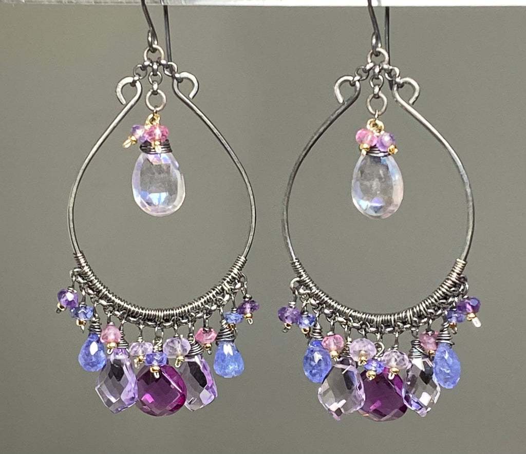Blue Violet Statement Chandelier Hoop Earrings, Oxidized Silver