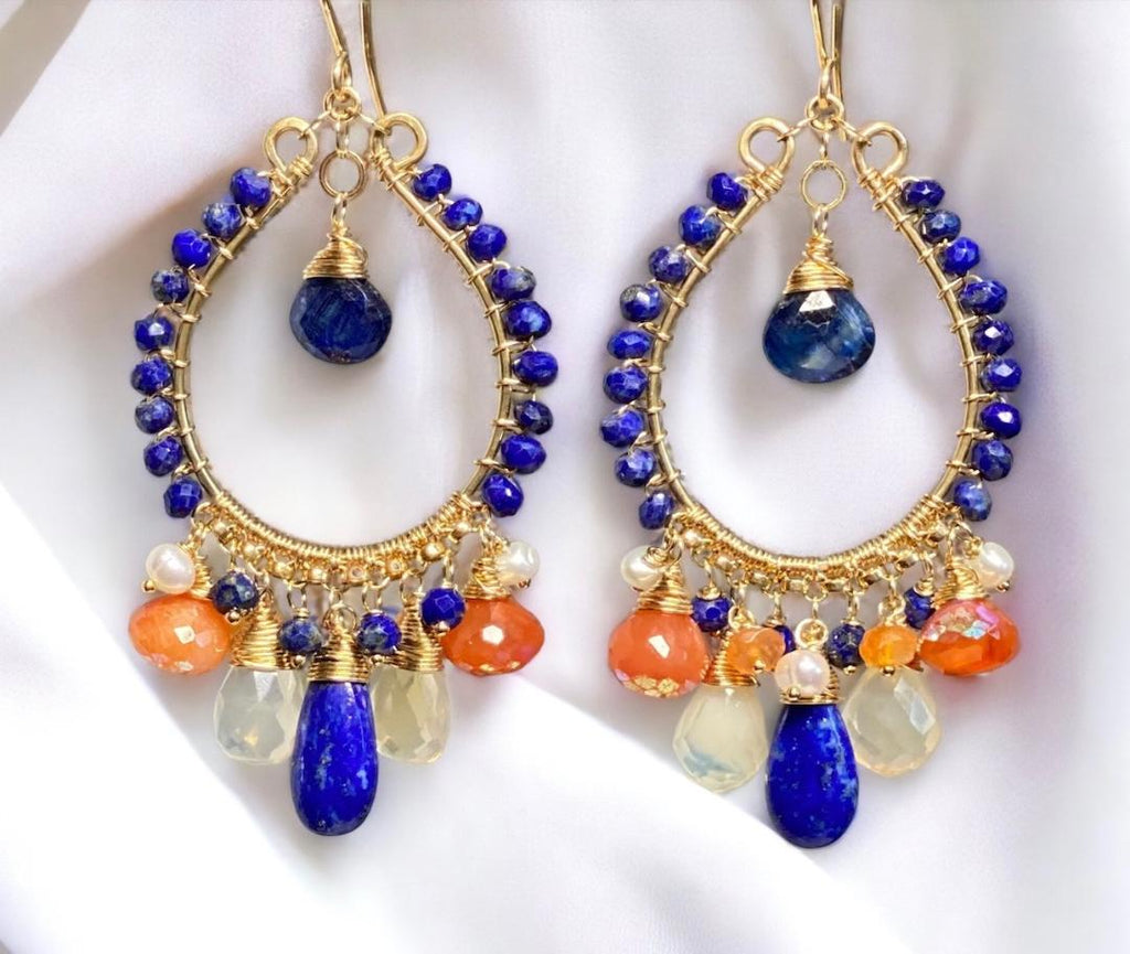 Blue Lapis Gold Fill Hoop Earrings Mystic Carnelian & Fire Opal