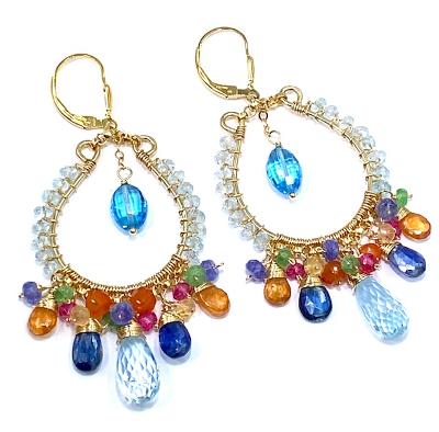 Blue Topaz Multicolor Gemstone Hoop Earrings in Gold Fill - doolittlejewelry
