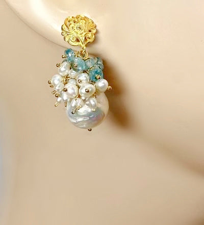 Blue Zircon Pearl Cluster Earrings Gold Post