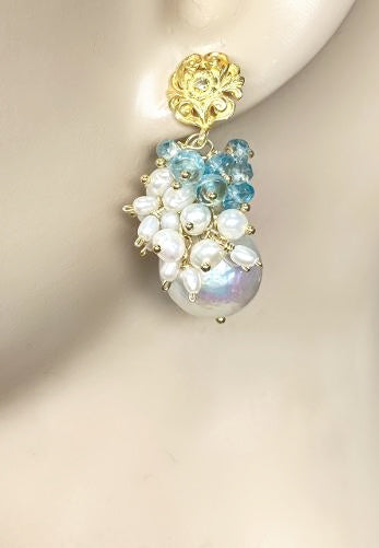 Blue Zircon Pearl Cluster Earrings Gold Post