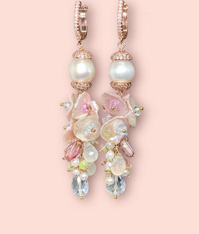 Blush Keishi Pearl Pink Topaz Ivory Pearl Rose Gold Long Dangle Bridal Earrings