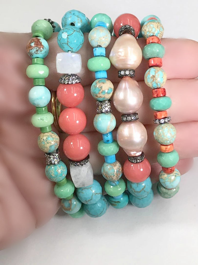 Turquoise Imperial Jasper Bracelet Set of 3 Oxidized Silver Pave CZ - doolittlejewelry