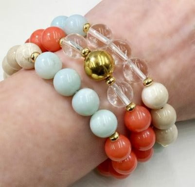 Coral Amazonite Stack Stretch Bracelet Set Gold Fill Accents
