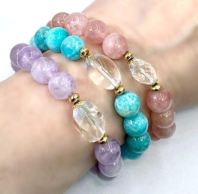 Pastel Gemstone Stretch Stacking Bracelet Set of 3 with Crystal Quartz - doolittlejewelry