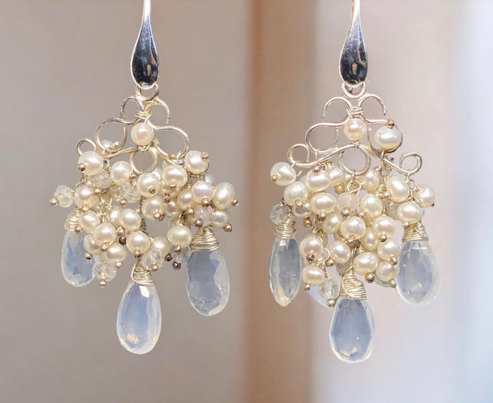 Ivory Pearl & Ice Quartz Chandelier Earrings Sterling Silver - Doolittle