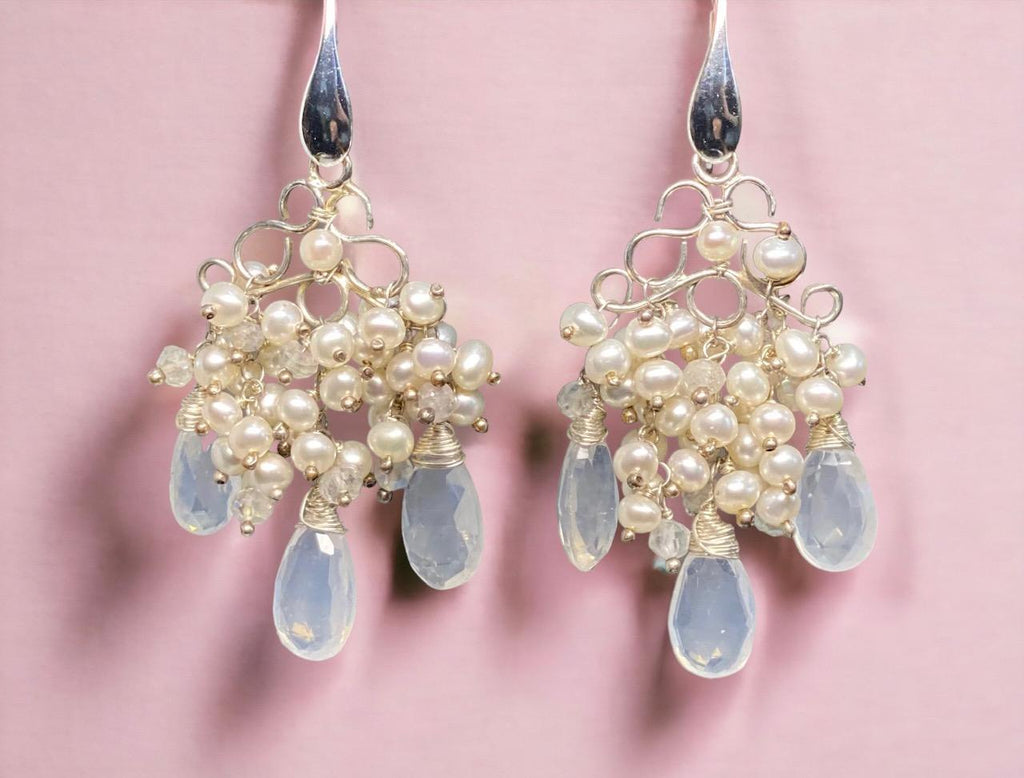 Ivory Pearl & Ice Quartz Chandelier Earrings Sterling Silver - Doolittle