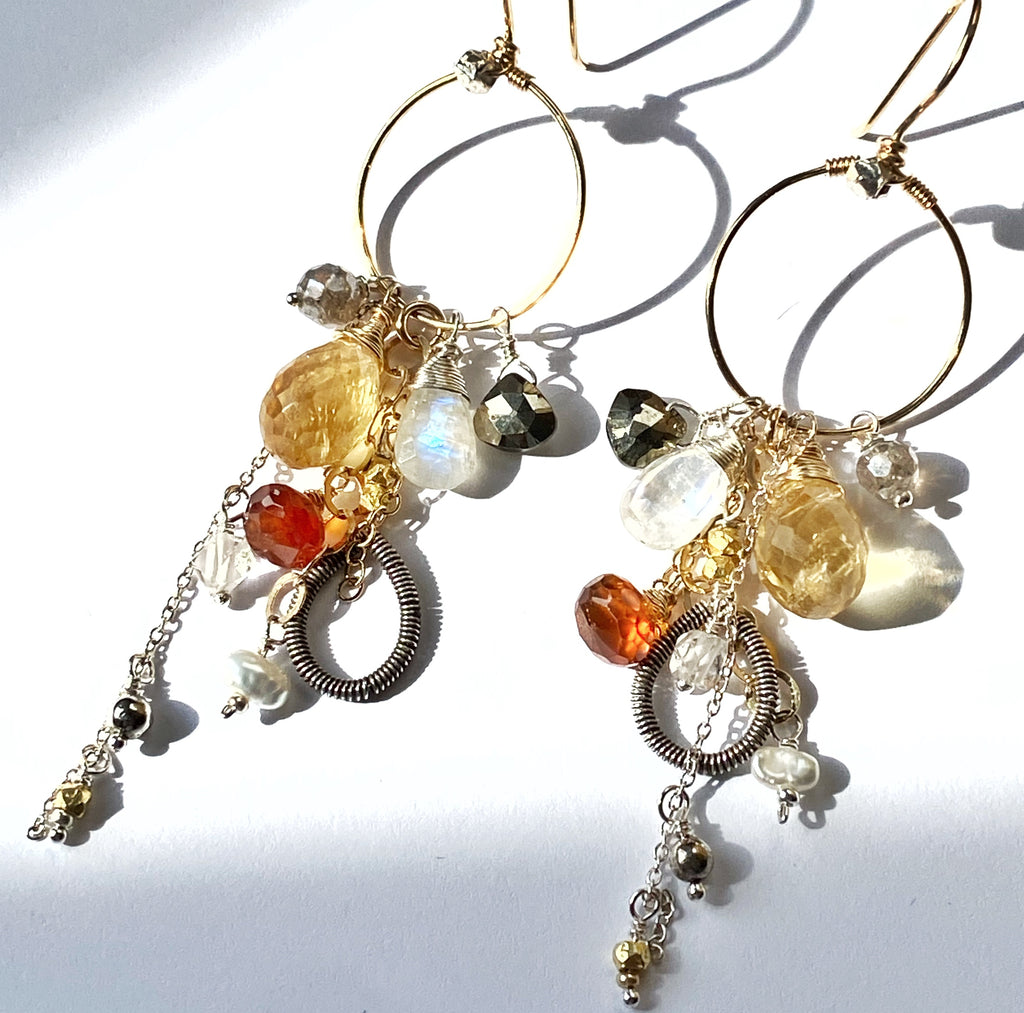 Citrine Gemstone Dangle Tassel Gold Hoop Earring