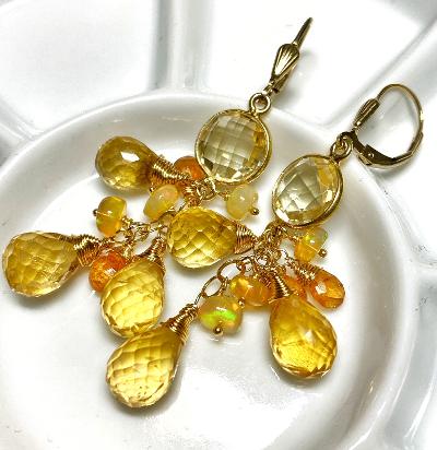 Citrine Dangle Earrings Ethiopian Opals Mandarin Garnet