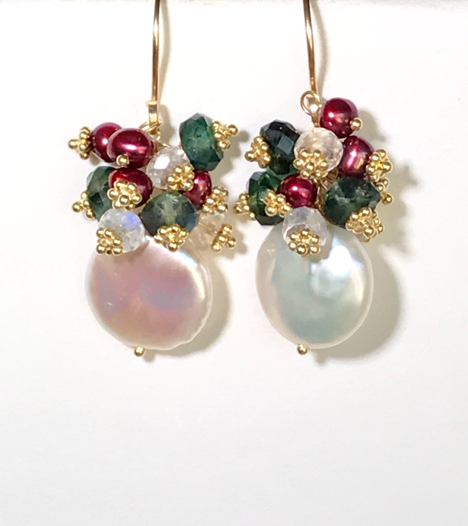 Coin Pearl & Green Moonstone Red Pearl Cluster Earrings - doolittlejewelry