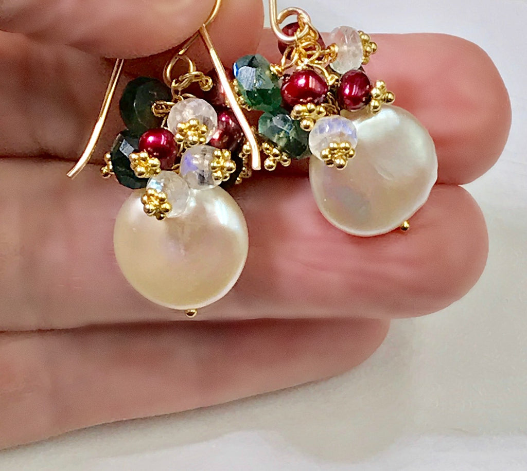 Coin Pearl & Green Moonstone Red Pearl Cluster Earrings - doolittlejewelry