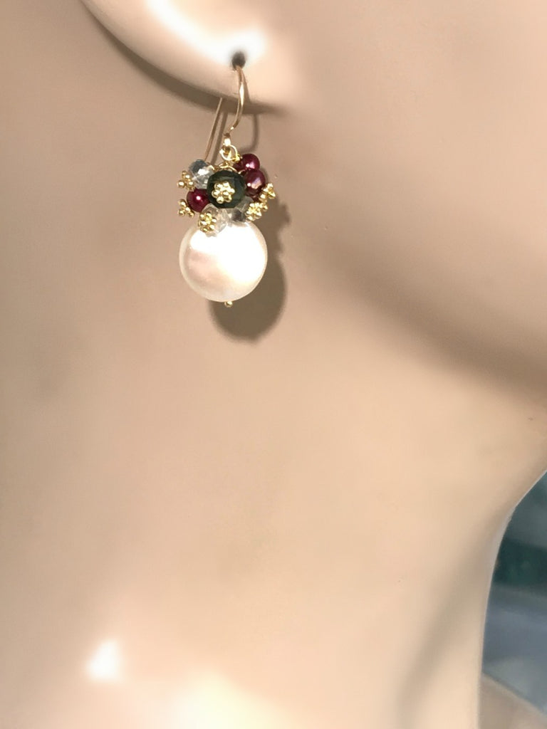 Coin Pearl & Green Moonstone Red Pearl Cluster Earrings - doolittlejewelry
